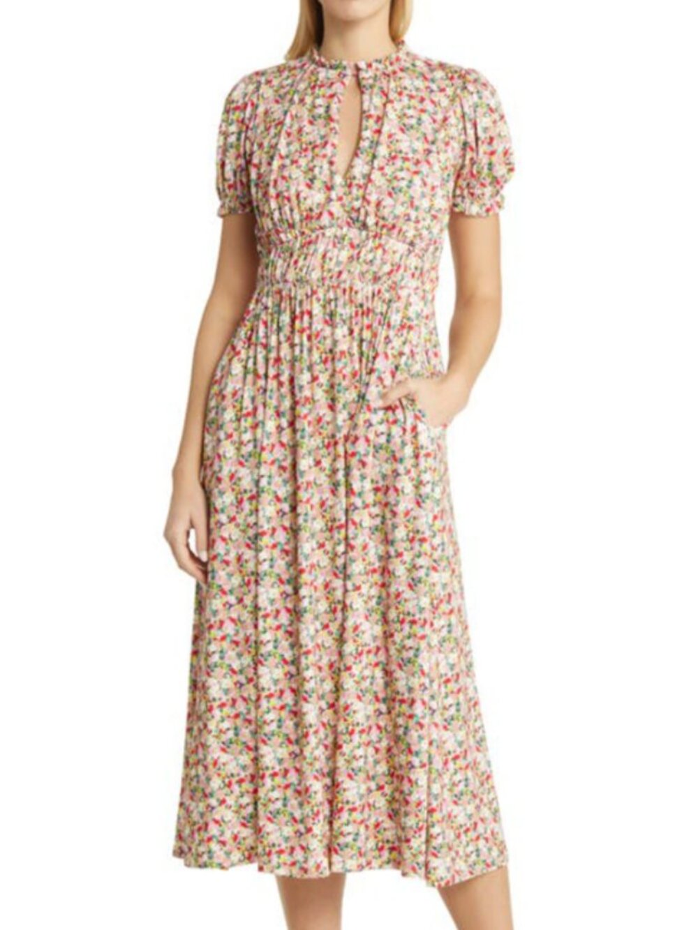 🌼 Boden Floral Ruched Jersey Midi Dress – Multi Painterly Floret